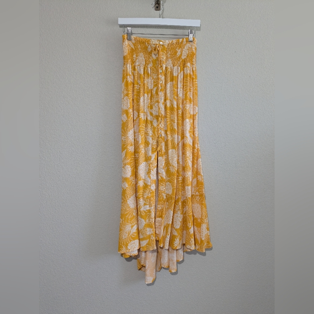 Rachel Zoe Button Front Shirred Floral Yellow Maxi Skirt Small
